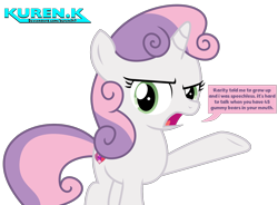 Size: 2000x1474 | Tagged: safe, artist:kuren247, imported from derpibooru, sweetie belle, pony, unicorn, female, filly, foal, frown, looking at you, show accurate, signature, simple background, solo, speech bubble, talking, talking to viewer, text, the cmc's cutie marks, transparent background, vector