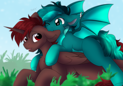 Size: 2508x1752 | Tagged: safe, artist:mariashek, imported from derpibooru, oc, oc only, oc:hardy, oc:malachite bliss, alicorn, bat pony, pony, alicorn oc, biting, cute, duo, ear bite, female, horn, male, nom, oc riding oc, ocbetes, ponies riding ponies, riding, wings