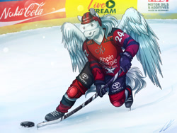 Size: 4000x3000 | Tagged: safe, artist:lupiarts, imported from derpibooru, oc, oc only, oc:nordeis, oc:northice, anthro, pegasus, plantigrade anthro, anthro oc, clothes, digital art, german, germany, hockey, ice hockey, male, nuka cola, pegasus oc, solo, sports, spread wings, wings