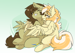 Size: 3508x2480 | Tagged: safe, artist:arctic-fox, imported from derpibooru, oc, oc only, oc:orange cream, oc:static spark, pegasus, pony, hug, hug from behind, looking at each other, looking at someone, mlem, silly, smiling, tongue out, winghug, wings