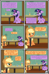 Size: 1600x2379 | Tagged: safe, artist:gutovi, imported from derpibooru, applejack, twilight sparkle, alicorn, earth pony, pony, comic:why me!?, alternate ending, apple, apple juice, comic, female, food, hat, high res, juice, lesbian, mare, shipping, show accurate, sweet apple acres, table, twijack, twilight sparkle (alicorn)