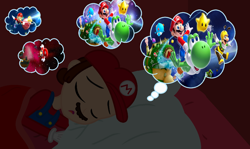 Size: 1238x737 | Tagged: safe, artist:user15432, artist:yaya54320bases, imported from derpibooru, human, yoshi, equestria girls, airship, barely eqg related, base used, bed, bedroom, bee luigi, blanket, cap, clothes, crossover, dream, dream bubble, equestria girls style, equestria girls-ified, eyes closed, flying, galaxy, gloves, hat, light blue yoshi, lubba, luigi, luma, mario, mario's hat, night, open mouth, overalls, pillow, princess peach, shirt, sleeping, space, stars, starship mario, super mario bros., super mario galaxy, super mario galaxy 2, toad (mario bros), undershirt