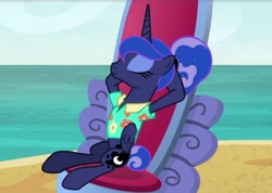 Size: 2048x1455 | Tagged: safe, imported from derpibooru, screencap, princess luna, alicorn, pony, between dark and dawn, season 9, alternate hairstyle, beach, clothes, cute, female, hawaiian shirt, mare, ocean, relaxing, shirt, tail, tail bun, throne, water