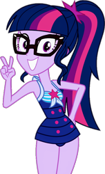 Size: 480x788 | Tagged: safe, imported from derpibooru, sci-twi, twilight sparkle, human, equestria girls, equestria girls series, forgotten friendship, clothes, female, glasses, legs together, looking at you, one-piece swimsuit, peace sign, sci-twi swimsuit, simple background, solo, swimsuit, transparent background