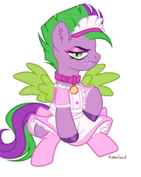 Size: 1200x1498 | Tagged: safe, artist:kawaiizhele, imported from derpibooru, spike, pegasus, clothes, collar, crossdressing, eyeshadow, fake eyelashes, femboy, femboy spike, maid, maid headdress, makeup, male, ponified, ponified spike, simple background, solo, species swap, spike is not amused, stallion, stockings, thigh highs, transparent background, unamused