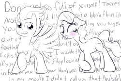 Size: 2400x1600 | Tagged: safe, artist:cosmonaut, imported from derpibooru, diamond tiara, rumble, earth pony, pegasus, pony, blushing, colt, dialogue, diamond tsundiara, duo, female, filly, foal, high res, male, monochrome, obscured text, partial color, shipping, straight, tiarumble, tsundere