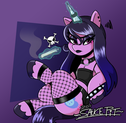 Size: 3952x3846 | Tagged: safe, artist:saucepit, imported from derpibooru, izzy moonbow, pony, unicorn, candy, clothes, collar, ear piercing, female, fishnets, food, g5, goth, goth izzy, high res, horn, horn ring, lipstick, magic, makeup, mare, midriff, piercing, ring, sideways cutie mark, skull and crossbones, solo, spiked wristband, tanktop, telekinesis, wristband