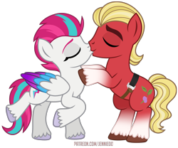 Size: 5020x4180 | Tagged: safe, artist:jennieoo, imported from derpibooru, sprout cloverleaf, zipp storm, earth pony, pegasus, pony, commission, cute, eyes closed, female, g5, happy, kiss on the lips, kissing, male, mare, my little pony: a new generation, out of character, shipping, show accurate, simple background, spread legs, spreading, sproutbetes, stallion, straight, text, transparent background, vector, zippsprout