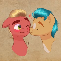 Size: 3158x3158 | Tagged: safe, artist:artharuhi, imported from derpibooru, hitch trailblazer, sprout cloverleaf, earth pony, pony, blushing, cheek kiss, duo, eyes closed, g5, gay, heart, hitchsprout, kissing, male, my little pony: a new generation, shipping, signature, simple background, stallion