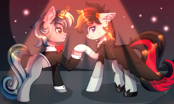 Size: 3500x2100 | Tagged: safe, artist:fluffywhirlpool, imported from derpibooru, oc, oc only, earth pony, pony, unicorn, clothes, dancing, dress, duet, female, holding hooves, light, magic, male, male and female, mare, shipping, smiling, spotlight, stallion, straight