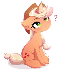 Size: 1280x1375 | Tagged: safe, artist:shavurrr, imported from derpibooru, applejack, earth pony, pony, behaving like a cat, cute, fake horn, female, food, hat, ice cream, ice cream cone, jackabetes, looking up, mare, question mark, signature, silly, silly pony, simple background, solo, white background, who's a silly pony