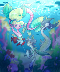 Size: 1280x1536 | Tagged: safe, artist:pupaprimeedition, imported from derpibooru, oc, oc only, fish, seapony (g4), blue eyes, bubble, collar, coral, crepuscular rays, digital art, dorsal fin, female, fin wings, fins, fish tail, flowing mane, flowing tail, happy, mare, ocean, open mouth, seaweed, signature, smiling, sunlight, swimming, tail, teeth, underwater, water, wings