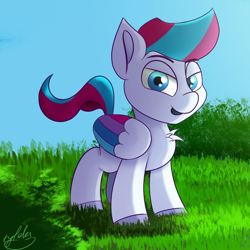 Size: 2000x2000 | Tagged: safe, artist:tyleks, imported from derpibooru, zipp storm, pegasus, pony, atg 2022, cute, female, filly, foal, g5, newbie artist training grounds, simple background, smiling, solo