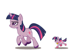 Size: 1222x845 | Tagged: safe, artist:joburii, imported from derpibooru, twilight sparkle, pony, robot, robot pony, unicorn, annoyed, bell, cloven hooves, cute, duo, female, gynoid, running, self paradox, self ponidox, shadow, simple background, tiny twi, transparent background, twiabetes, unicorn twilight, unshorn fetlocks, walking, walking away