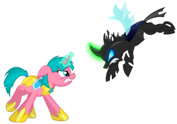 Size: 3337x2335 | Tagged: safe, artist:gaiusmaximiliano, imported from derpibooru, oc, oc only, oc:lily glamerspear, changeling, pony, unicorn, fanfic:everyday life with guardsmares, armor, changeling oc, duo, everyday life with guardsmares, eye contact, female, fight, flying, frown, glowing, glowing horn, guardsmare, high res, horn, insect wings, looking at each other, looking at someone, magic, magic aura, mare, royal guard, simple background, spread wings, teeth, transparent background, unicorn oc, vector, wings