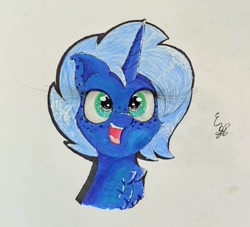 Size: 1487x1349 | Tagged: safe, artist:engi, imported from derpibooru, oc, oc only, oc:midnight ink, pony, unicorn, chest fluff, cute, ear piercing, female, freckles, happy, horn, looking at you, open mouth, piercing, simple background, solo, traditional art, unicorn oc