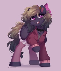 Size: 1793x2100 | Tagged: safe, artist:floweryoutoday, imported from derpibooru, oc, oc only, oc:tanya hastur, pegasus, pony, bow, cheek fluff, choker, clothes, commission, ear piercing, eye clipping through hair, eyebrows, eyebrows visible through hair, female, hair bow, hoodie, leg fluff, looking at you, mare, open mouth, open smile, pegasus oc, piercing, raised leg, simple background, skirt, smiling, smiling at you, solo, tights