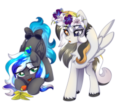 Size: 3000x2500 | Tagged: safe, artist:fluffywhirlpool, imported from derpibooru, oc, oc only, oc:flaming dune, oc:storm cloud river's, butterfly, pegasus, pony, blushing, bow, cute, dilated pupils, eye clipping through hair, eyebrows, eyebrows visible through hair, female, floral head wreath, flower, food, frown, gradient eyes, green eyes, heterochromia, high res, looking at each other, looking at someone, mare, ocbetes, open mouth, open smile, pegasus oc, raised hoof, simple background, smiling, strawberry, tail, tail bow, transparent background, wings