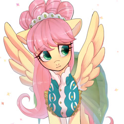 Size: 1500x1500 | Tagged: safe, artist:hosikawa, imported from derpibooru, fluttershy, pegasus, pony, green isn't your color, 60s, alternate hairstyle, clothes, cute, daaaaaaaaaaaw, dress, female, floppy ears, mare, modelshy, shyabetes, simple background, solo, spread wings, white background, wings
