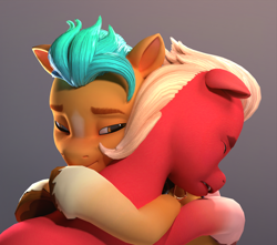 Size: 1920x1701 | Tagged: safe, artist:luminousdazzle, imported from derpibooru, hitch trailblazer, sprout cloverleaf, earth pony, pony, 3d, 3d model, blender, blender cycles, comforting, crying, duo, eyes closed, floppy ears, g5, gradient hooves, hug, i know that feel bro, male, simple background, smiling, stallion, unshorn fetlocks