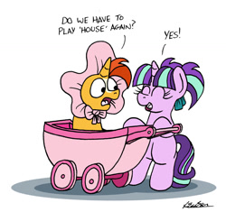 Size: 1024x962 | Tagged: safe, artist:bobthedalek, imported from derpibooru, starlight glimmer, sunburst, pony, unicorn, atg 2022, baby carriage, blaze (coat marking), bonnet, coat markings, colt, colt sunburst, cute, facial markings, female, filly, filly starlight glimmer, foal, glimmerbetes, happy, male, newbie artist training grounds, pigtails, playing, simple background, sunbetes, younger