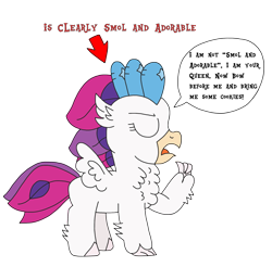 Size: 2485x2448 | Tagged: safe, artist:supahdonarudo, imported from derpibooru, queen novo, classical hippogriff, hippogriff, my little pony: the movie, arrow, atg 2022, chest fluff, cute, dialogue, fledgeling, i'm not cute, newbie artist training grounds, novobetes, simple background, speech bubble, text, transparent background, younger
