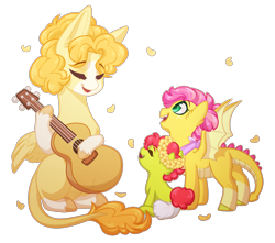 Size: 2535x2245 | Tagged: safe, artist:purplegrim40, imported from derpibooru, oc, oc only, dracony, dragon, earth pony, hybrid, pegasus, pony, female, filly, foal, guitar, mare, musical instrument, simple background, transparent background