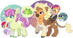 Size: 2117x1124 | Tagged: safe, artist:hopenotfound, imported from derpibooru, apple bloom, diamond tiara, gabby, scootaloo, oc, oc:amethyst, oc:autumn breeze, griffon, hippogriff, pony, female, filly, foal, interspecies offspring, magical lesbian spawn, offspring, parent:apple bloom, parent:diamond tiara, parent:gabby, parent:scootaloo, parents:diamondbloom, parents:gabbyloo, simple background, transparent background