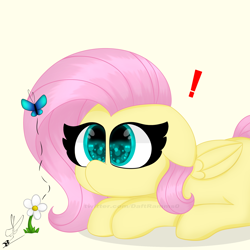 Size: 2000x2000 | Tagged: safe, artist:daftramms, imported from derpibooru, fluttershy, butterfly, pegasus, pony, cute, daaaaaaaaaaaw, exclamation point, flower, g4, lying down, prone, shyabetes, simple background, solo, watermark