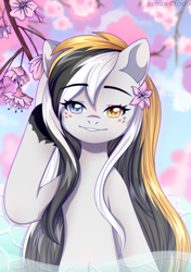 Size: 1764x2500 | Tagged: safe, artist:fluffywhirlpool, imported from derpibooru, oc, oc only, oc:storm cloud river's, pegasus, pony, female, flower, flower in hair, heterochromia, looking at you, mare, pegasus oc, raised hoof, smiling, smiling at you, solo, straight hair