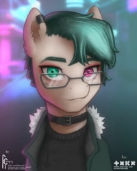 Size: 1200x1500 | Tagged: safe, artist:rcooper, imported from derpibooru, oc, oc only, earth pony, pony, choker, collar, cyberpunk, glasses, heterochromia, male, solo