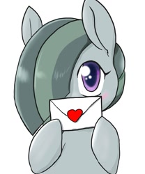 Size: 739x889 | Tagged: safe, artist:a.s.e, imported from derpibooru, marble pie, earth pony, pony, blushing, cute, envelope, female, hair over one eye, heart, letter, looking at you, love letter, marblebetes, mare, simple background, solo, weapons-grade cute, white background