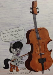 Size: 2689x3798 | Tagged: safe, artist:rapidsnap, imported from derpibooru, octavia melody, earth pony, pony, atg 2022, cello, cute, female, filly, filly octavia, foal, grumpy, musical instrument, newbie artist training grounds, solo, traditional art, younger