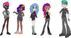Size: 1219x653 | Tagged: safe, artist:icicle-wicicle-1517, artist:yeetmedownthestairs, color edit, edit, imported from derpibooru, hitch trailblazer, izzy moonbow, pipp petals, sunny starscout, zipp storm, human, equestria girls, boots, bra, bra strap, choker, chubby, clothes, collaboration, colored, converse, dark skin, denim, dress, ear piercing, earring, equestria girls-ified, eyebrow piercing, female, fingerless gloves, fishnet clothing, g5, g5 to equestria girls, generation leap, gloves, goth, goth izzy, grin, high heel boots, human coloration, jeans, jewelry, lip piercing, male, mane five (g5), nose piercing, nose ring, open mouth, pants, piercing, shirt, shoes, shorts, simple background, smiling, snake bites, sneakers, socks, spiked choker, stockings, sweater, t-shirt, tanktop, thigh highs, torn clothes, transparent background, underwear, wristband