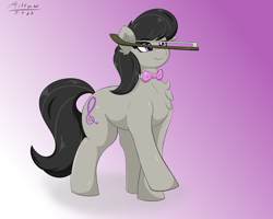 Size: 2500x2000 | Tagged: safe, artist:astrum, imported from derpibooru, octavia melody, earth pony, pony, balancing, bow (instrument), bowtie, chest fluff, cute, digital art, ear fluff, eyebrows, eyebrows visible through hair, female, full body, gradient background, high res, mare, ponies balancing stuff on their nose, silly, silly pony, smiling, solo, tavibetes