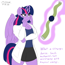 Size: 2000x2000 | Tagged: safe, artist:astrum, imported from derpibooru, part of a set, twilight sparkle, alicorn, anthro, belt, breasts, cleavage, clothes, dexter's laboratory, dialogue, lab coat, levitation, looking up, magic, raised eyebrow, shorts, simple background, solo, talking, tanktop, telekinesis, the tick, twilight sparkle (alicorn), white background, wings