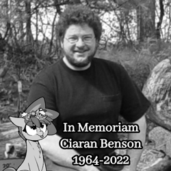 Size: 720x718 | Tagged: safe, oc:ciaran, oc:derpy whooves, human, black and white, ciaran, ciaran benson, english, grayscale, in memoriam, irl, irl human, latin, meta, monochrome, photo, text