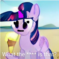 Size: 642x644 | Tagged: safe, artist:dall·e mini, artist:thegamerpainter, imported from derpibooru, twilight sparkle, pony, unicorn, :i, ai generated, beach, caption, dall·e mini, food, i mean i see, ice cream, neural network abomination, solo, text, unicorn twilight, vulgar, what has science done, wtf