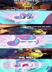 Size: 1280x1754 | Tagged: safe, artist:disneyponyfan, edit, edited screencap, imported from derpibooru, screencap, princess flurry heart, alicorn, pony, the crystalling, baby, baby pony, comic, crying, female, james p. sullivan, male, mike wazowski, monster, monsters inc., screencap comic, wrong aspect ratio