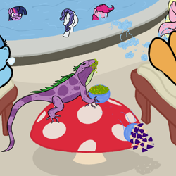 Size: 3000x3000 | Tagged: safe, artist:wren, applejack, fluttershy, pinkie pie, rainbow dash, rarity, spike, twilight sparkle, iguana, pony, blowing bubbles, bowl, bubble, chips, concerned, food, guacamole, mane six, mushroom table, ponified, pool chair, realistic, relaxing, sleeping, swimming, swimming pool, wet