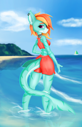 Size: 2280x3504 | Tagged: safe, artist:qbellas, imported from derpibooru, oc, oc only, anthro, original species, shark, shark pony, anthro oc, ass, beach, beach shorts swimsuit, butt, clothes, female, implied tail hole, looking at you, looking back, shorts, solo, tail