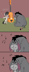 Size: 964x2345 | Tagged: safe, artist:pantsuholocaust, imported from derpibooru, octavia melody, donkey, earth pony, pony, bipedal, bow (instrument), burroctavia, cello, cello bow, comic, crossover, eeyore, father and child, father and daughter, female, filly, filly octavia, foal, hoof hold, male, music notes, musical instrument, proud, smiling, winnie the pooh, younger
