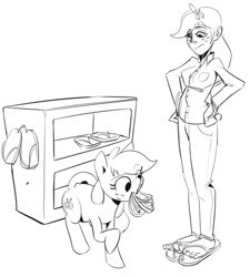 Size: 661x733 | Tagged: safe, artist:applephil, imported from derpibooru, applejack, earth pony, human, pony, black and white, clothes, feet, female, grayscale, hand on hip, human ponidox, humanized, mare, monochrome, mouth hold, sandals, self paradox, self ponidox, simple background, slippers, white background, wiggling toes