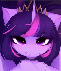 Size: 1137x1318 | Tagged: safe, artist:magnaluna, imported from derpibooru, twilight sparkle, alicorn, pony, alternate hairstyle, bedroom eyes, bust, choker, crown, eyebrows, eyebrows visible through hair, heart, heart eyes, jewelry, lipstick, looking at you, portrait, purple eyes, regalia, smiling, solo, spread wings, twilight sparkle (alicorn), wingding eyes, wings