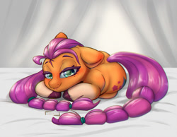 Size: 1200x929 | Tagged: safe, artist:inkypuso, imported from derpibooru, sunny starscout, earth pony, pony, bed, curled up, cute, female, floppy ears, g5, lidded eyes, looking at you, mare, signature, smiling, solo, sunnybetes