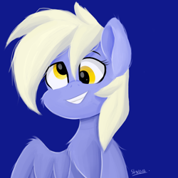 Size: 4000x4000 | Tagged: safe, artist:skylinepony_, imported from derpibooru, derpy hooves, pegasus, pony, blue background, derp, female, grin, mare, signature, simple background, smiling, solo, wings