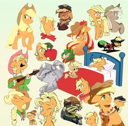 Size: 6141x6046 | Tagged: safe, artist:chub-wub, imported from derpibooru, applejack, mistress marevelous, smart cookie, earth pony, pony, alternate hairstyle, apple chord, applejack's hat, applejewel, bed, blanket, captain jackbeard, cottagecore, cowboy hat, cute, discorded, eyepatch, female, filly, filly applejack, green background, grin, guitar, hat, jackabetes, mare, musical instrument, older, older applejack, one eye closed, pillow, pirate applejack, power ponies, simple background, smiling, teenage applejack, teenager, wink, younger