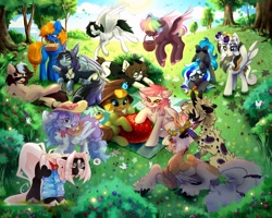 Size: 1200x960 | Tagged: safe, artist:always inspired by flying, artist:arisuyukita, artist:avroras_world, artist:fluffywhirlpool, artist:ggashhhhissh, artist:hentwi, artist:kebchach, artist:rico_chan, artist:starlyfly, artist:zlatavector, imported from derpibooru, oc, oc only, oc:butterfly effect, oc:flaming dune, oc:goldy flask, oc:kate braxton, oc:kebchach, oc:storm cloud river's, oc:walter evans, bee, butterfly, earth pony, insect, pegasus, pony, basket, berry, braid, braided tail, bush, clothes, collaboration, floral head wreath, flower, food, forest, grass, hat, mouth hold, picnic, strawberry, sun, tail