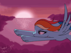 Size: 600x450 | Tagged: safe, artist:hauntedtuba, imported from derpibooru, rainbow dash, pegasus, pony, animated, blinking, cloud, eyebrows, female, flapping wings, flowing hair, flowing mane, flying, gif, loop, mare, motion lines, perfect loop, signature, solo, spread wings, sun, sunset, water, windswept mane, wings