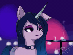 Size: 600x450 | Tagged: safe, artist:hauntedtuba, imported from derpibooru, izzy moonbow, pony, unicorn, alternate cutie mark, animated, ashtray, blowing, choker, cigarette, drink, dyed mane, ear piercing, earring, eyeshadow, female, g5, gif, goth, goth izzy, jewelry, lipstick, loop, makeup, one ear down, perfect loop, piercing, solo